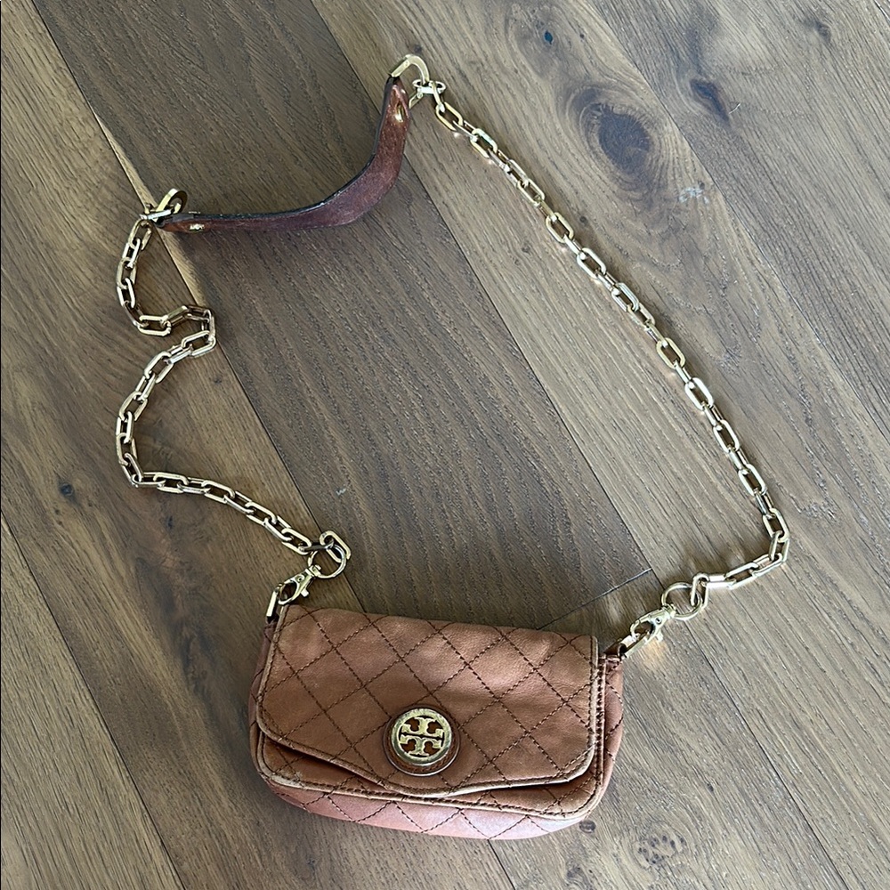 Tory Burch Tan Gold Crossbody Bag with Quilted Design